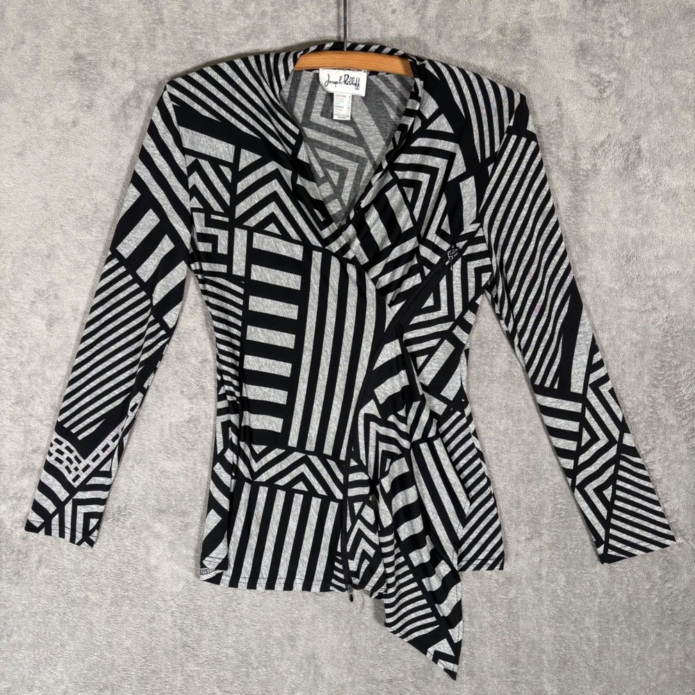 Joseph Ribkoff Geometric Abstract Moto Wrap Top Black Gray Size 6 Asymmetrical